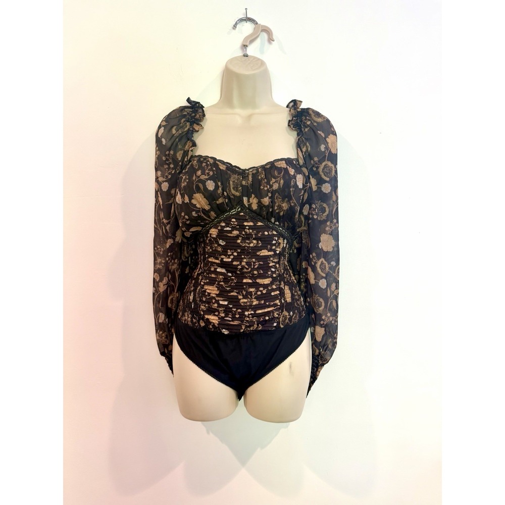 Free People Bodysuit Black Floral Bustier Neckline Long Sleeves Romantic Sz M - Picture 2 of 9